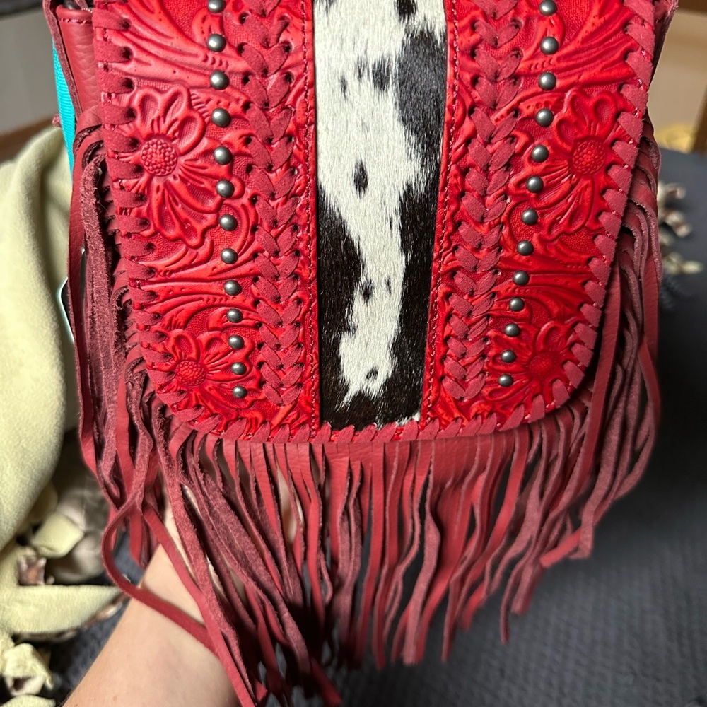 Montana West Red tooled leather with Black and White cowhide fringe crossbody